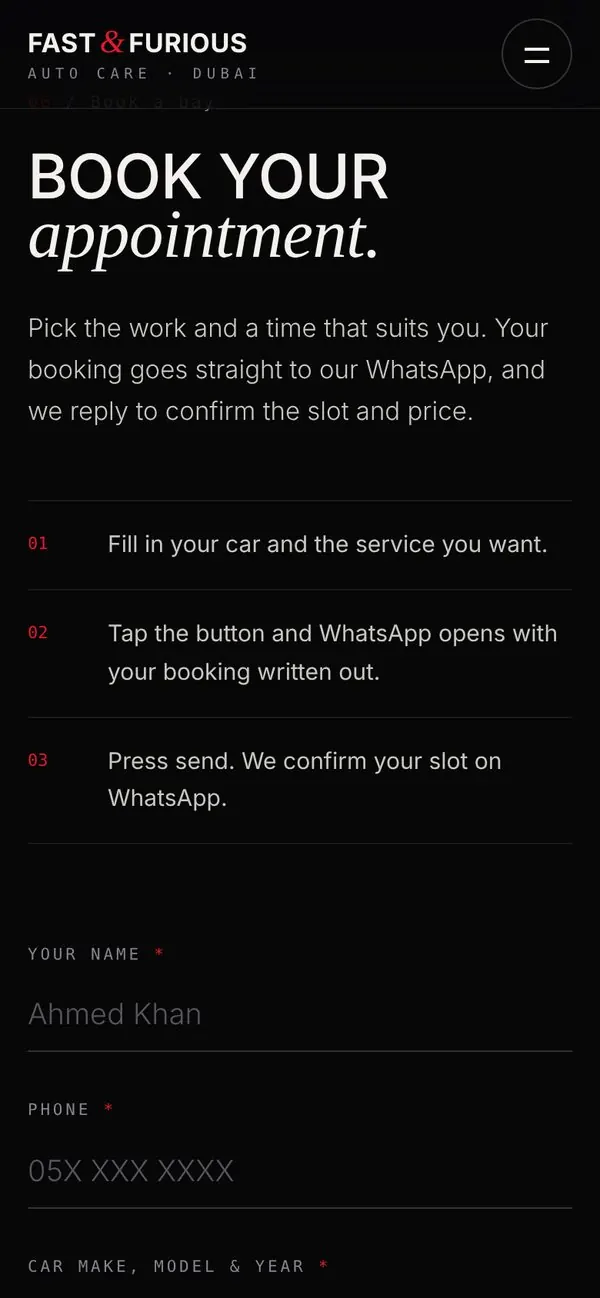 Booking form on a phone